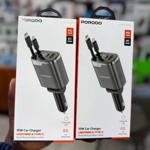 Porodo 111 watts ,Mw car charger with lightning and Type-C retractable cables.